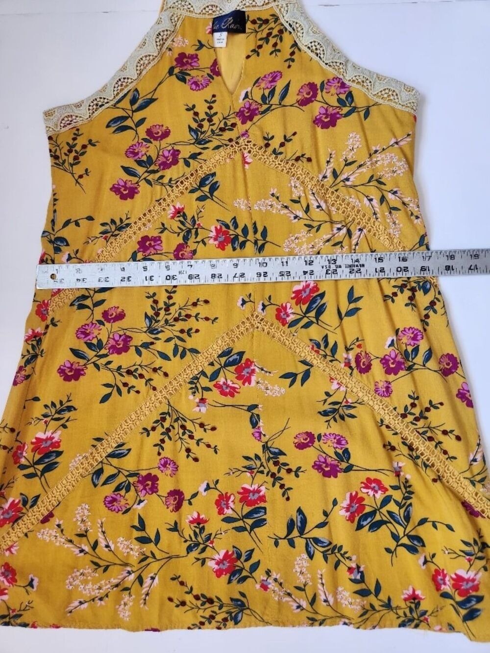 Blue Rain Floral Print Dress Small Yellow Lace Trim Sleeveless Summer Boho - Picture 15 of 16